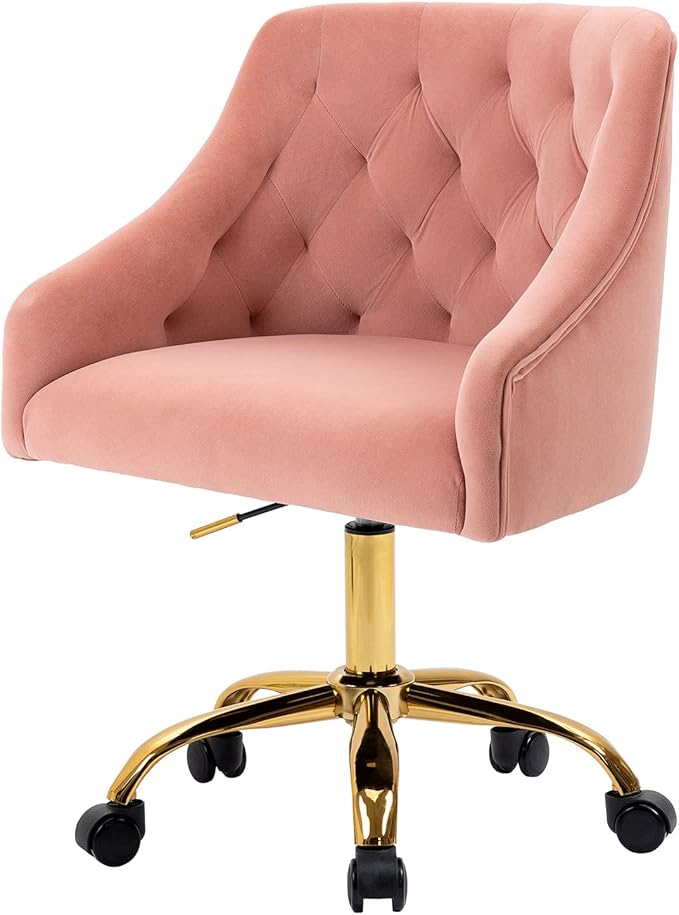 MOJAY Velvet Home Office Desk Chair, Vanity Chair with Wheels Pretty Fancy Gold 360°Swivel Height Adjustable Office Chairs for Girls Home Offices, Bedrooms, Living Room (Pink)