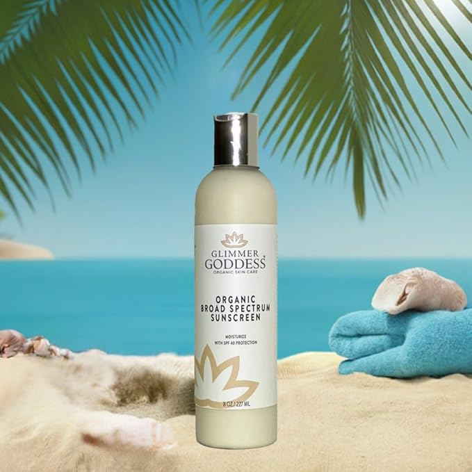 Glimmer Goddess Glow Organic Shimmer Sunscreen - Reef-Safe SPF 40+ Broad Spectrum Protection, 8 oz - Vegan, Cruelty-Free