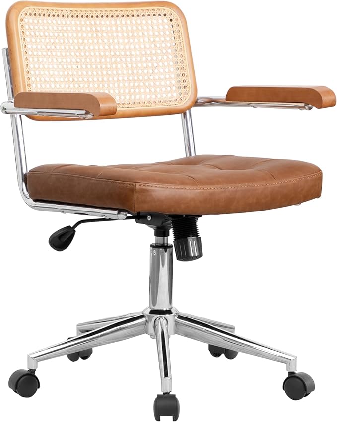 Rattan Office Chairs, Modern Desk Chair with Natural Rattan Back & Wood Armrest, Small Upholstered Tufted Leather Home Office Desk Chairs for Home Ofice, Bedroom, Study (Brown, Genuine leather)