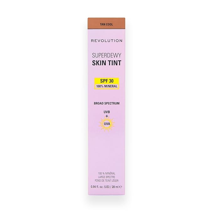 Revolution Superdewy SPF 30 Skin Tint, Tinted Mineral Face Foundation, Buildable Coverage for Facial Glow, 12% Zinc Oxide, Vegan & Cruelty-Free, Tan Cool