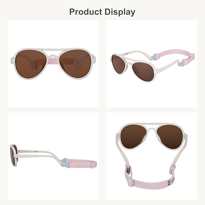COCOSAND Baby Boys Girls Aviator Sunglasses with Strap Polarized Flexible Retro Pilot for Infants Toddler Age 0-24 Months