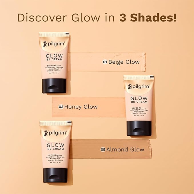 Pilgrim Beige Glow BB Cream SPF 50 PA++++ with Vitamin C | Medium Skin Tone | Lightweight Matte Makeup for Daily Wear, Sheer Coverage & Smooth Finish | 1.01 Fl Oz (30ml)