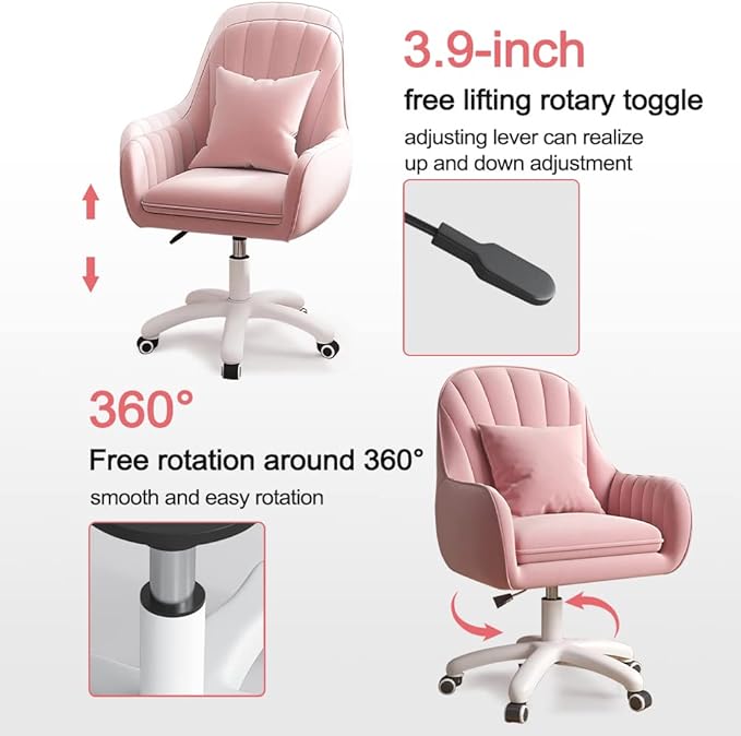 Velvet Desk Chair with Pillow Upholstered Vanity Chair for Girls Women, Home Office Computer Task Chair with Wheels Swivel Rolling Accent Chair for Living Room, Bedroom