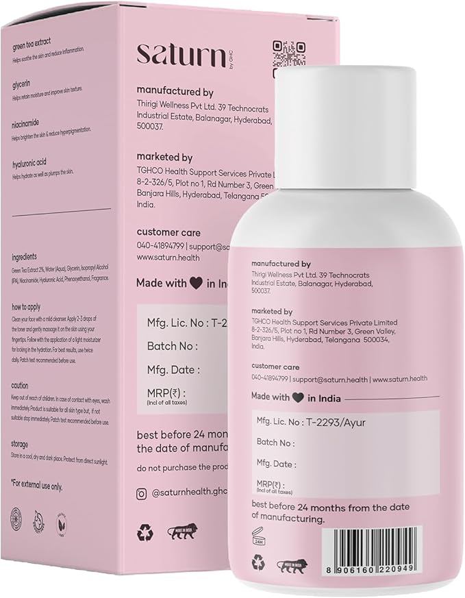 Saturn by GHC Face Toner with 2% Green Tea, 2.5% Niacinamide & Hyaluronic Acid for Pore Tightening & Anti-Aging, Suitable for Acne Prone Skin, 150 Ml (Pack of 1)