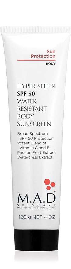 M.A.D Skincare Hyper Sheer Sun Protection SPF 50 Water Resistant Body Sunscreen – Mineral Zinc Oxide & Antioxidant Complex – Anti-Aging Detox & Cellular Repair Formula – Paraben-Free – 4 oz.