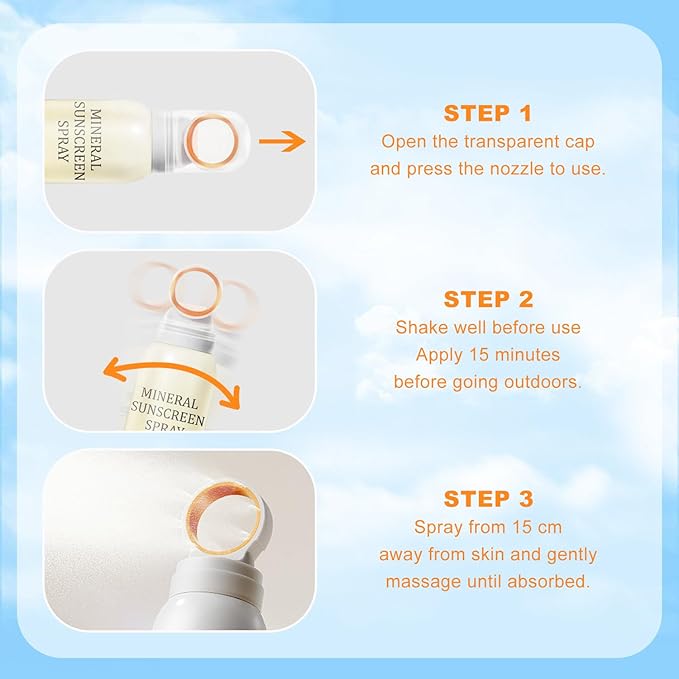 6.76 Fl Oz Mineral Sunscreen Spray SPF 50 PA+++, Broad-Spectrum UVA/UVB Protection, Lightweight and Non-Greasy, Waterproof and sweatproof Sunscreen for Face and Body,