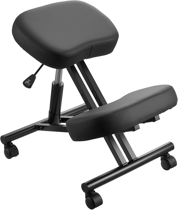 VEVOR Ergonomic Kneeling Chair with Wheels, Mobile X-Shaped Posture Knee Chair with Adjustable Height & Thick Foam Cushions, Natural Relief for Neck or Back Pain for Home, Office or Meditation, Black