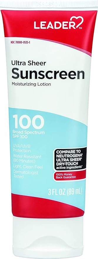 LEADER Travel Sunscreen SPF 100+, Ultra Sheer Dry-Touch Water Resistant and Non-Greasy Lotion with Broad Spectrum SPF 100+, 3 Fl Oz (3 Pack)