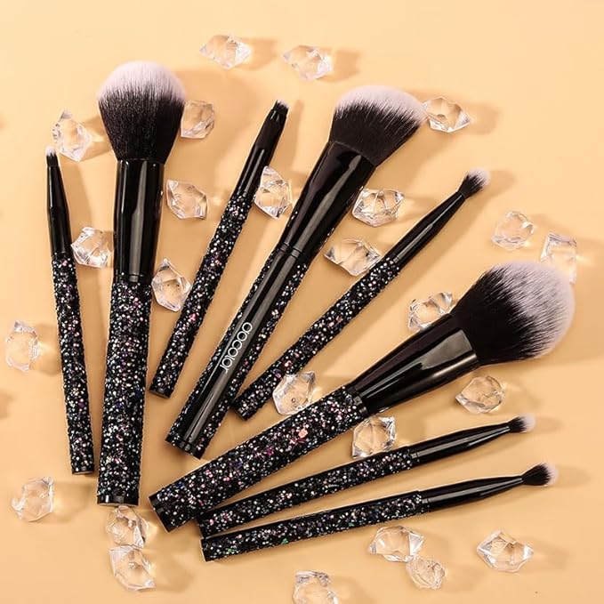 docolor 8PCS Glitter Makeup Brushes with Holder, Make Up Brush Set for Foundation Contour Blush Eyeshadow Eyebrow Blending, Soft Synthetic Bristles (Black)