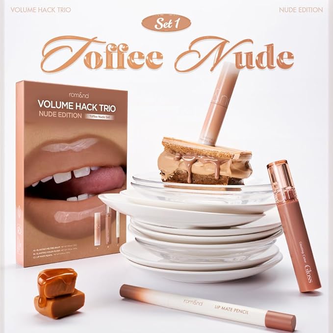rom&nd Volume Hack Trio Lip Plumping Set - Toffee Nude Edition - 3-Step Liner, Balm & Gloss for Full, High-Shine Pout