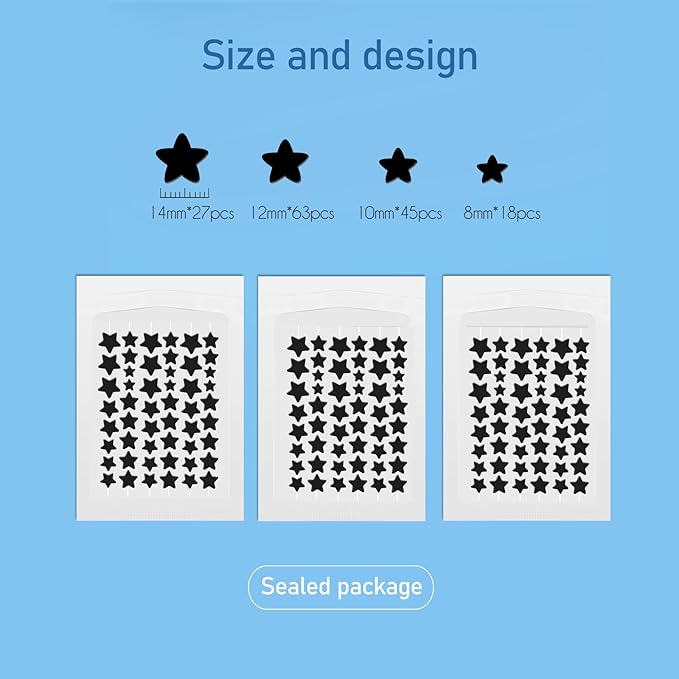 306 Counts Black Star Pimple Patches for Face, Hydrocolloid Star Acne Patches Refill, Cute Zit Covers for Face, Spot Stickers with Tea Tree, Salicylic Acid and Cica Oil