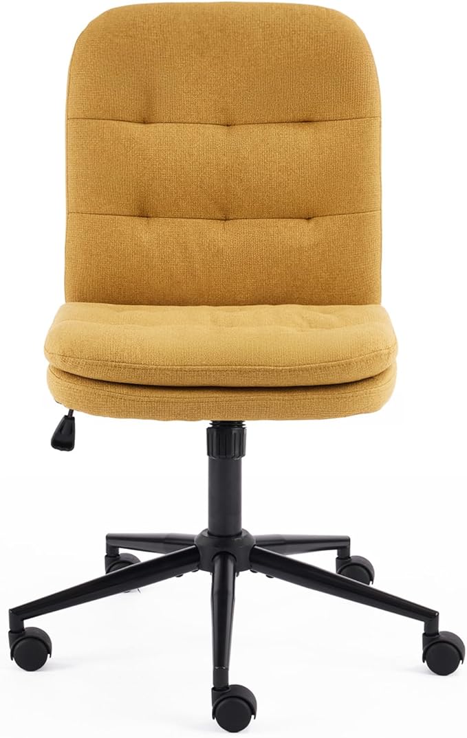 VINGLI Mid Back Armless Office Desk Chair with Wheels/no Wheels,360°Rocking Swivel Vanity Chair with Thickened Cushion,Adjustable Height Rolling for Reading Room, Make up, Linen Ginger Yellow
