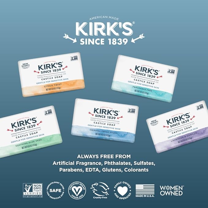 Kirk's Castile Bar Soap for Men, Women & Children - Made with Premium Coconut Oil, Sensitive Skin Formula- Vegan & Non GMO- Citrus Twist- 4 oz. Bars 6 Pack