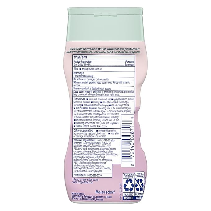 Coppertone Pure and Simple Baby Sunscreen Lotion SPF 50, Zinc Oxide Mineral Sunscreen for Babies, Hypoallergenic and Tear Free, 6 Fl Oz Bottle
