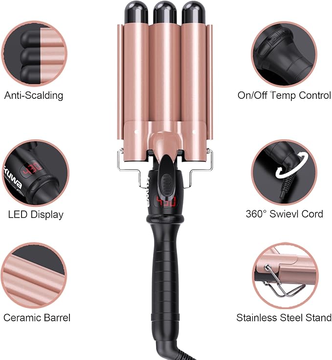 kuwa Crimper Hair Tool,3 Barrel Curling Iron,hairCrimper for Women,Hair Waver with LCD Temperature Display,Long-Lasting Natural Tight Waves