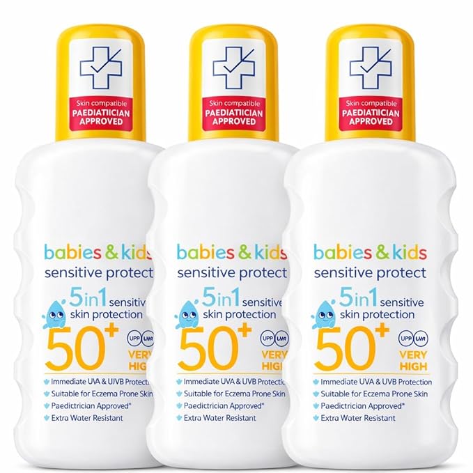 Kids Sensitive Sunscreen SPF 50+ Very High Protection, 5-in-1 Sensitive Skin Protection, Extra Water Resistant, Pediatrician Approved, UVA & UVB Protection 200 ML – Pack of 3