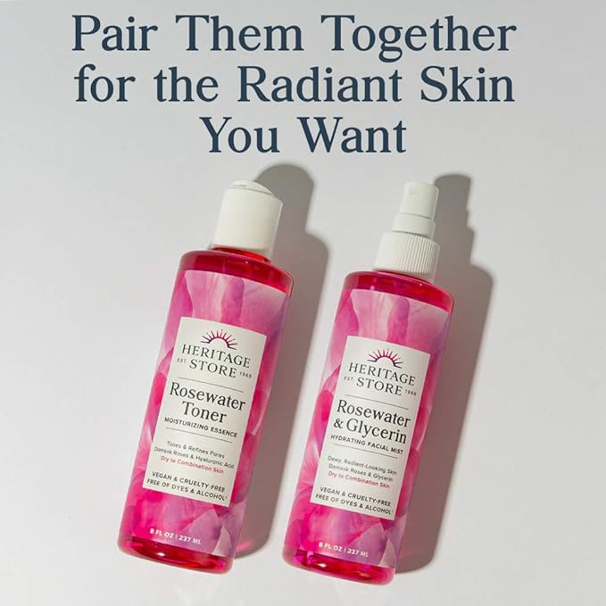 HERITAGE STORE Rosewater & Glycerin and Rosewater Toner | Deep Hydration Bundle for Dewy, Glowing Skin | Vegan | 8oz ea