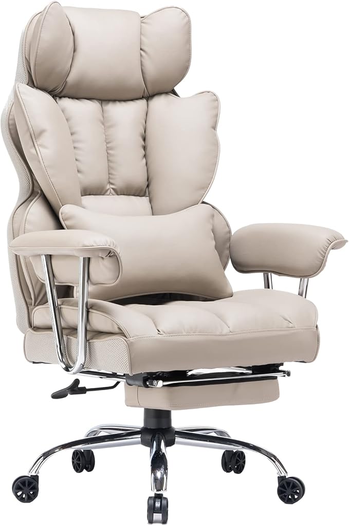 Efomao Big and Tall Office Chair 400lbs – PU Leather Executive Office Chair with Lumbar Support & Leg Rest, Heavy-Duty Computer Chair for Home Office, Grey