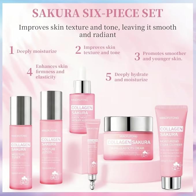 Collagen Sakura 6 Piece Skincare Set Cleanser Toner Moisturizing Lotion Hydrating Serum Firming Eye Cream Face Cream Comes with a make-up Bag Hydrating & Moisturizing for Fall & Winter