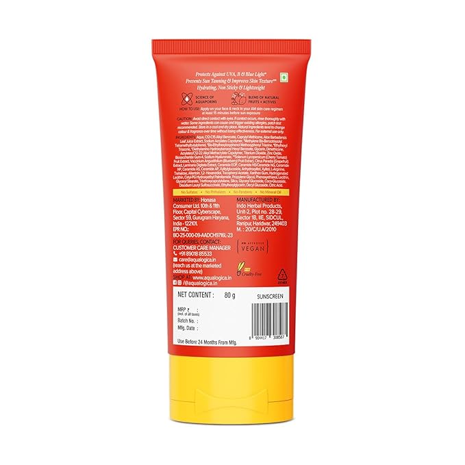 Aqualogica Detan+ Dewy Face Sunscreen with SPF 50+ & PA++++ | Blue Light Protection & No White Cast | Fights Sun Damage with Cherry Tomato & Hyaluronic Acid | 2.82 Oz/80g