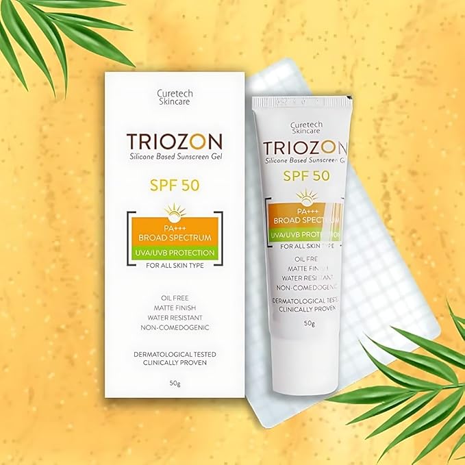 Triozon Sunscreen Silicone Based Gel with SPF 50 PA+++ Oil Free Matte Finish Water Resistant Super Lightweight Gel Non-Sticky Sun Protection Hydrating Cream No White Cast 50 gm (Pack of 2)