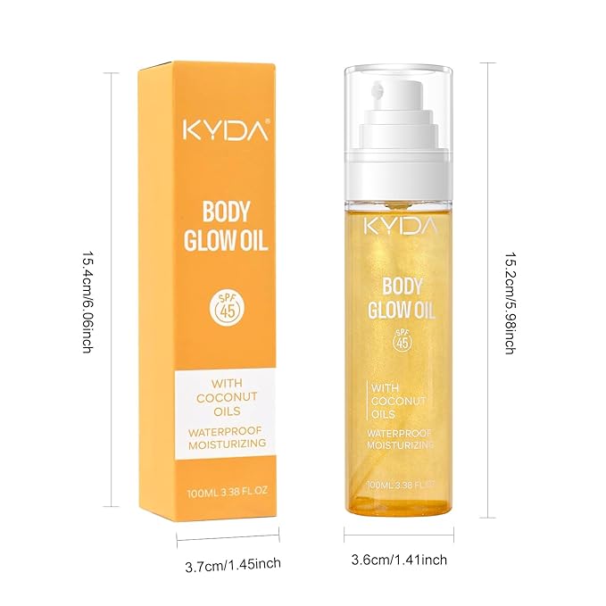 Sunscreen Body Glow Oil, Broad Spectrum SPF 45, Lightweight Waterproof Moisturizing Coconut Shimmer Oil with Gold Mica, Travel Size Summer Sunscreen Skin Illuminator-GOLD, 3.38 fl oz