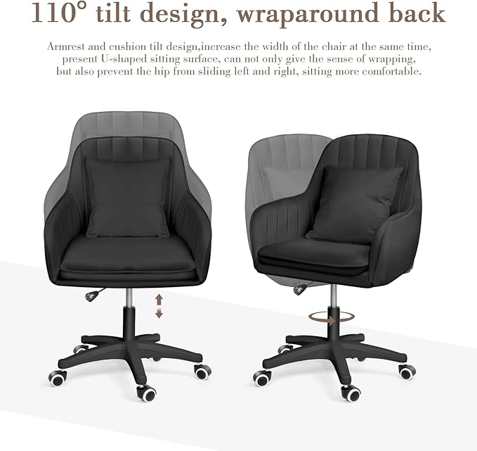 Mid Back Velvet Vanity Chair Swivel Rolling Desk Chair with Wheels, Modern Upholstered Makeup Chair for Women Girls, Computer Task Chair for Bedroom Living Room Office, Black