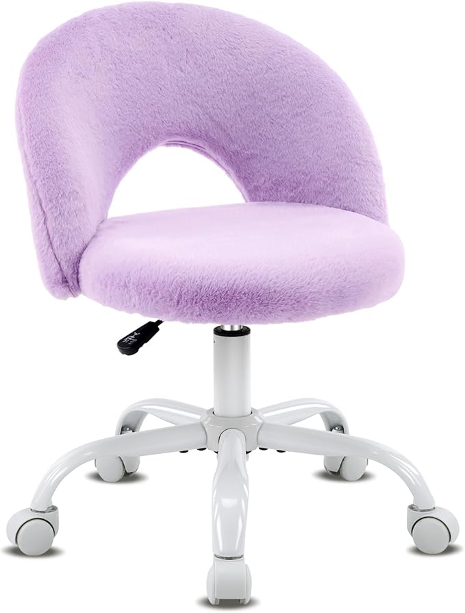 VINGLI Small Vanity Chair with Faux Fur Wheels for Girls,Cute Adjustable Height Armless Office Desk Chair,360°Swivel Comfy Rolling for Study,Make up Room,Small Space,Purple