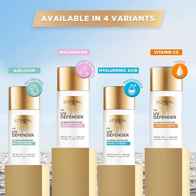 L’Oréal Paris Sunscreen, Lightweight Matte Sunscreen For Oily Skin, UVA & UVB Protection, With SPF 50 PA+++, Matte & Fresh, UV Defender Serum Protector, 50 ml