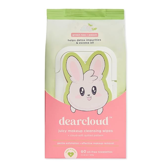 dearcloud Juicy Makeup Cleansing Wipes - 60 Count – makeup wipes and makeup remover for face – Oil-Free makeup remover wipes (Green Tea & Peach)