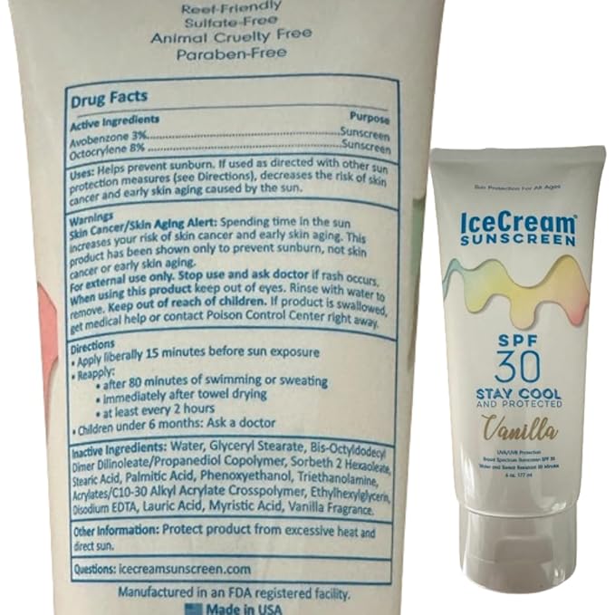 IceCream Sunscreen Broad Spectrum SPF 30 Lotion, Body & Face, Sunblock, Moisturizer, Water & Sweat-Resistant, Reef-Friendly & Cruelty-Free, 6oz (177ml) - Vanilla (Pack of 2)