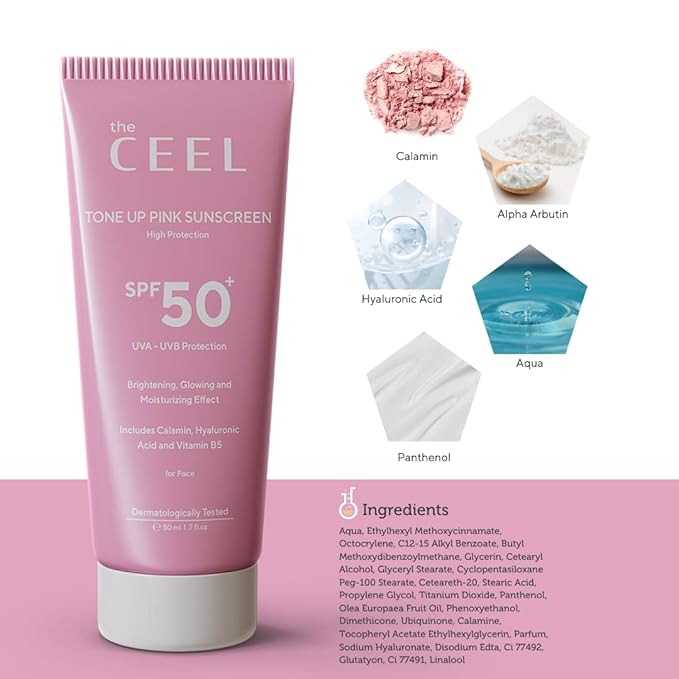 The Ceel Pink Tone Up Sunscreen for Face with SPF 50+ & Hyaluronic Acid - Brightening, Glowing & Moisturizing Facial Primer with Calamine & Vitamin B5 for All Skin Type - Paraben & Perfume Free - 50ml