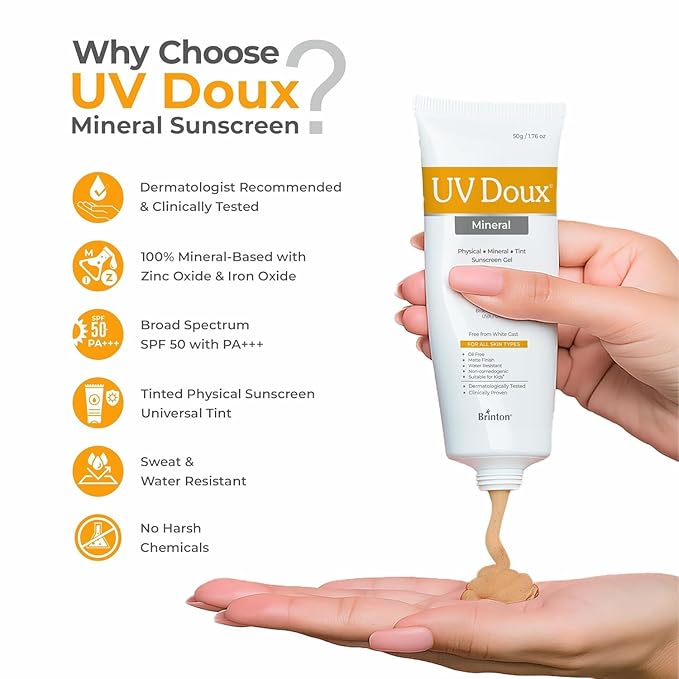 UV Doux Mineral Sunscreen SPF 50 PA+++ | Tinted, Oil-Free, Water Resistant No White Cast | Zinc & Iron Oxide | For Sensitive & Acne-Prone Skin Broad Spectrum, 100% Mineral | Men, Women 1.7oz Pack 2