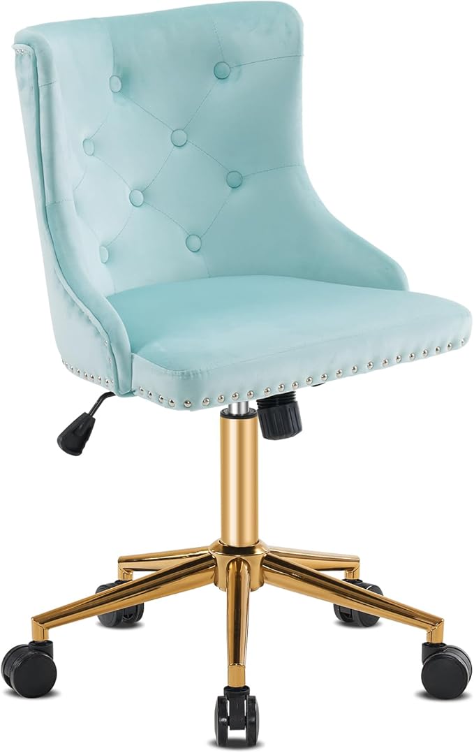 VINGLI Light Blue Armless Home Office Desk Chair with Gold Base/Wheels, Small Cute Vanity/Makeup Chair with Back for Bedroom, Upholstered Adjustable Rolling Swivel Nail Chair for Women/Girls