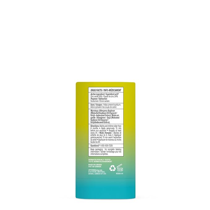 ATTITUDE Face Sunscreen Stick SPF 50, Broad Spectrum Zinc Oxide, EWG Verified, Non-Nano, Lightweight Non-Greasy, Vegan, Unscented, 0.53 oz