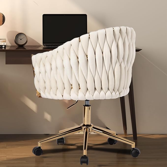 Velvet Office Chair with Hand Woven, Beige Vanity Desk Chairs with Golden Wheels, 360° Swivel Home Office Desk Chair Computer Chairs, Accent Chair Makeup Chair for Bedroom, Living Room(Beige)