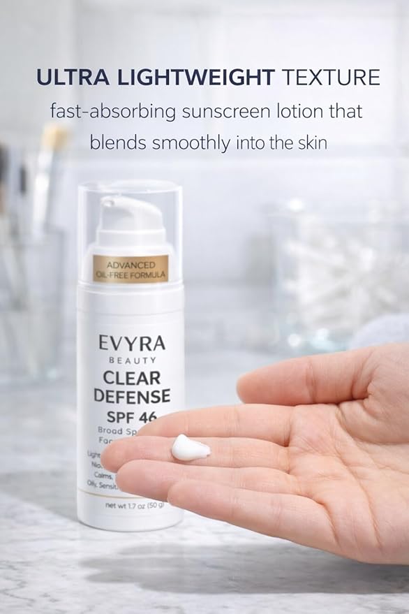 EVYRA Clear Defense SPF 46 Sunscreen Lotion for Face Broad Spectrum UV Protection, Niacinamide + Zinc PCA Oil Control, Lightweight Non-Greasy, No White Cast, Water-Resistant, For Oily/Acne-Prone Skin