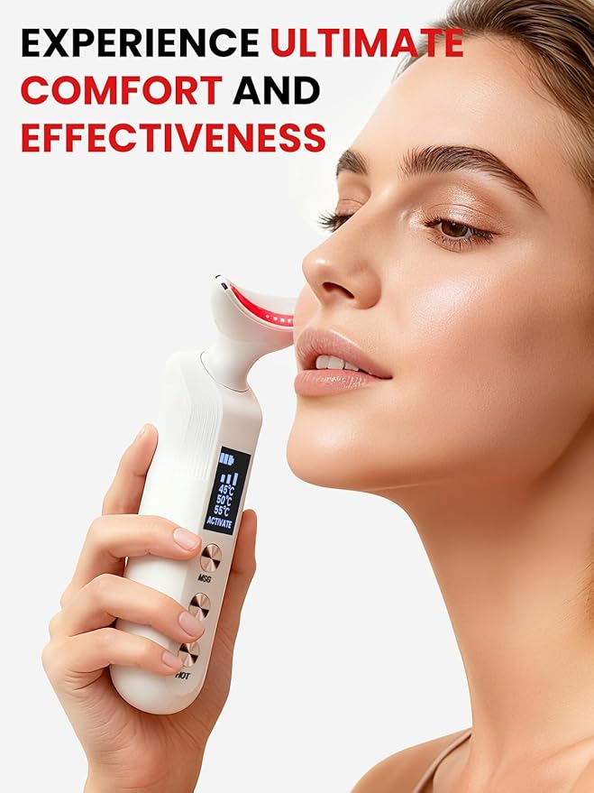 Face Massager Portable Charging Dock, Red Light Therapy for Face and Neck, 3 Heat Settings, Vibrating Face Massage, 9-Color & 30-Day Battery | Home Spa Travel Skincare - White