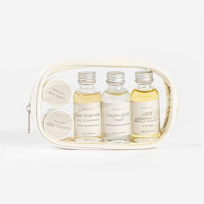 skincando Travel Skincare Gift Set - Cleansing Oil & Make Up Remover 1 oz, Blue Lavender Cleanser 1 oz, Sage & Gold Toner 1 oz, Day Cream .125 oz, Eye Balm .125 oz & Organic Cotton Applicators 3.25oz