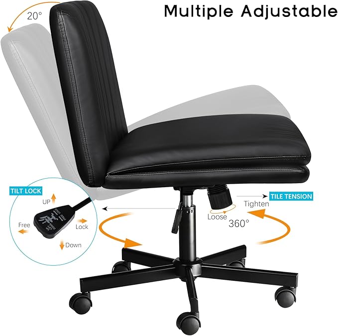 PUKAMI Criss Cross Chair,Comfy Cross Legged Office Desk Chair No Wheels,Modern Fabric Swivel Adjustable Height Mid Back Wide Seat for Home Office Computer (Pu Black with Wheels)