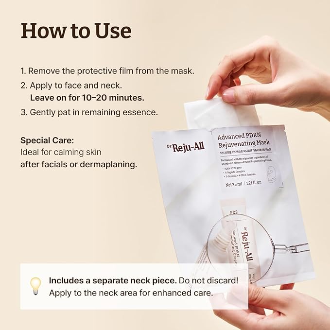 Dr. Reju-All Advanced PDRN Rejuvenating Mask - Face & Neck Korean Sheet Mask with 1,200 ppm PDRN, Collagen & Copper Peptides - Hydrating & Soothing, Skin Repair (1.2 Fl Oz x 4EA)