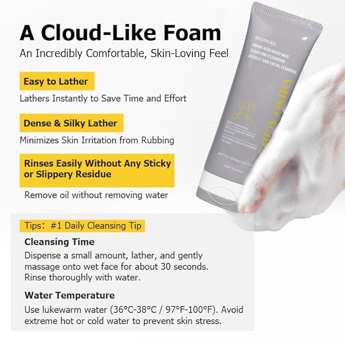 Dual-Tube Amino Acid & White Clay Face Wash - Deep Pore Cleanser for Oily Skin - Blackhead & Makeup Remover - Skincare Womens Day Gifts for Her Mom