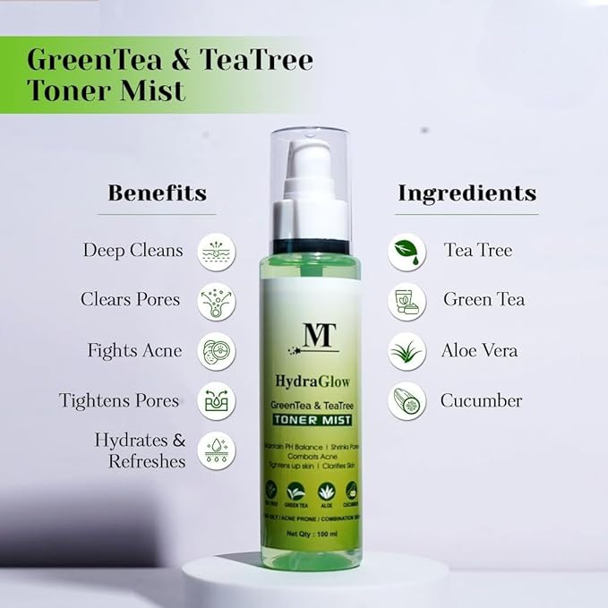 BEMT Hydra Glow Green Tea & Tea Tree Face Toner Mist | Refreshing & Clarifying Facial Spray for Daily Skincare | Lightweight, Non-Sticky Formula (100 ml)