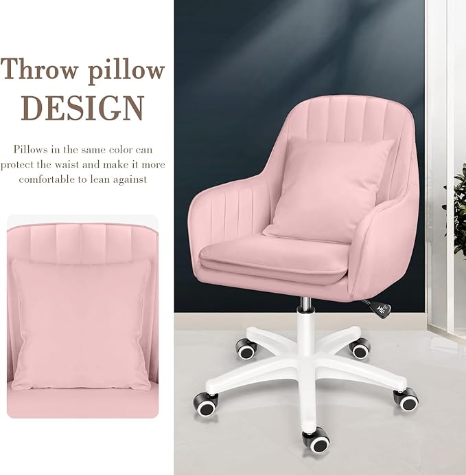 Mid Back Velvet Vanity Chair Swivel Rolling Desk Chair with Wheels, Modern Upholstered Makeup Chair for Women Girls, Computer Task Chair for Bedroom Living Room Office, Pink