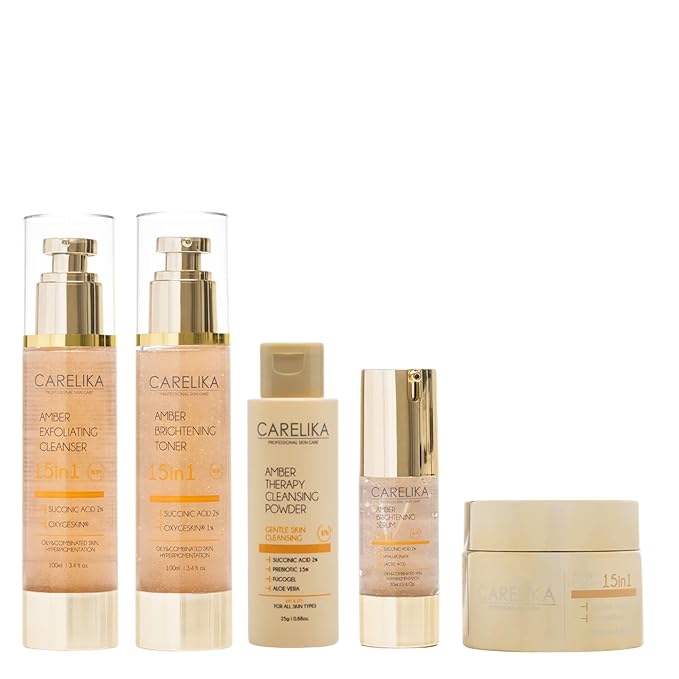 Amber Radiance Facial Skincare Set – 5-Piece Kit, Exfoliating Cleanser, Cleansing Powder, Brightening Toner, Serum, and Cream
