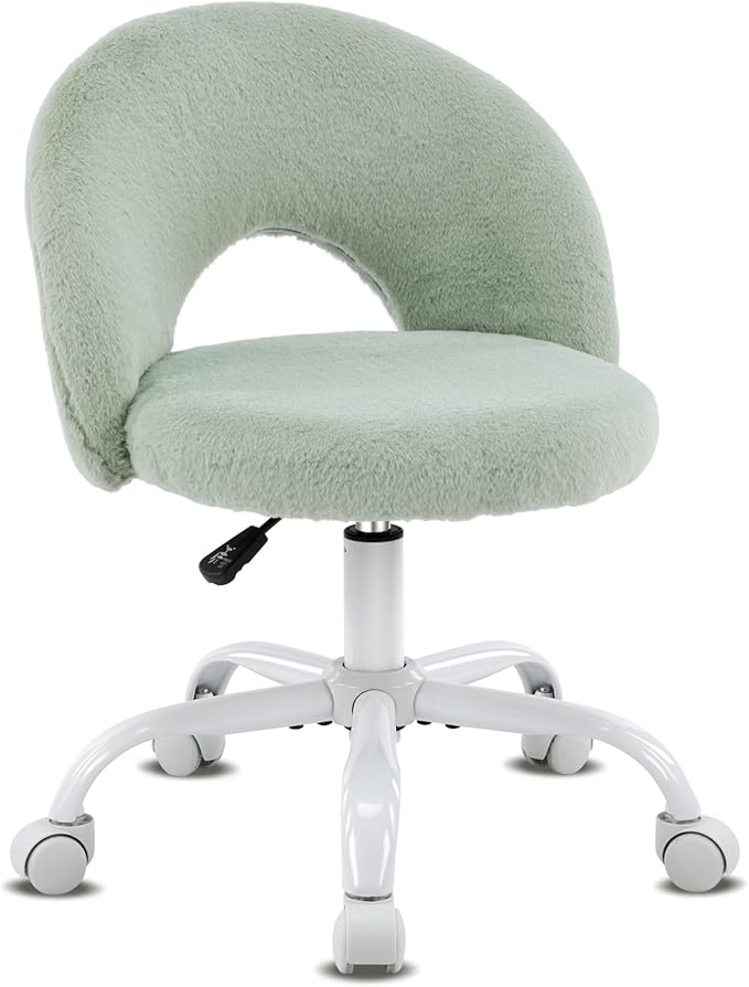 VINGLI Small Vanity Chair with Faux Fur Wheels for Girls,Cute Adjustable Height Armless Office Desk Chair,360°Swivel Comfy Rolling for Study,Make up Room,Small Space,Mint Green