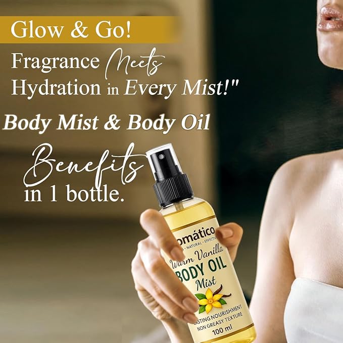 Warm Vanilla Mini Body Oil Mist for Women | Lightweight, Non-Sticky, Spray-on formula for Daily use After Shower | Moisturized, Soft, Glowing Skin | Cozy, Creamy Vanilla Scent - 4 Fl Oz