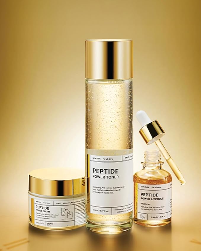 BOM Cosmetics A Set of Peptide Power Skincare with 3 Kinds of Items (Toner, Ampoule, Cream), 24K Gold & Pentapeptide for Skin Collagen Boost, Smoothness and Long-Lasting Moisture, Korean Skincare