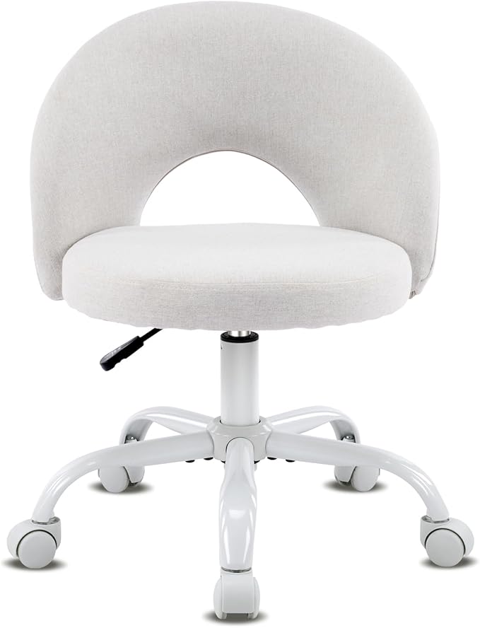 VINGLI Small Vanity Chair with Wheels for Girls.Cute Modern Adjustable Height Armless Office Desk Chair.360°Swivel Comfy Rolling Chair for Study, Make up Room,Small Space,Linen Light Gray