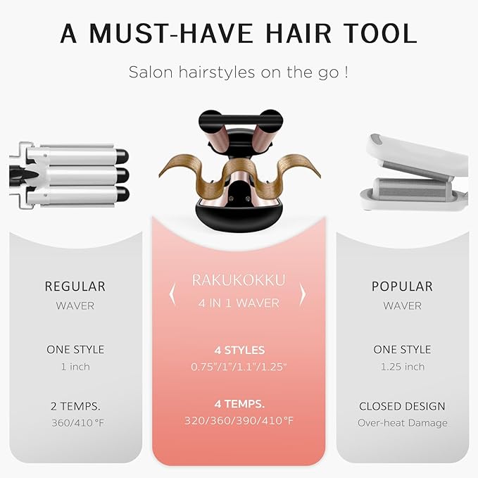4 in 1 Crimper Hair Tool - Hair Waver with Adjustable Depths for 4 Wavy Styles, Beach Waves Curling Iron with 3 Ceramic Barrels, 4 Temperatures, Dual Voltage, Glove & Clips, for Women (Gold)